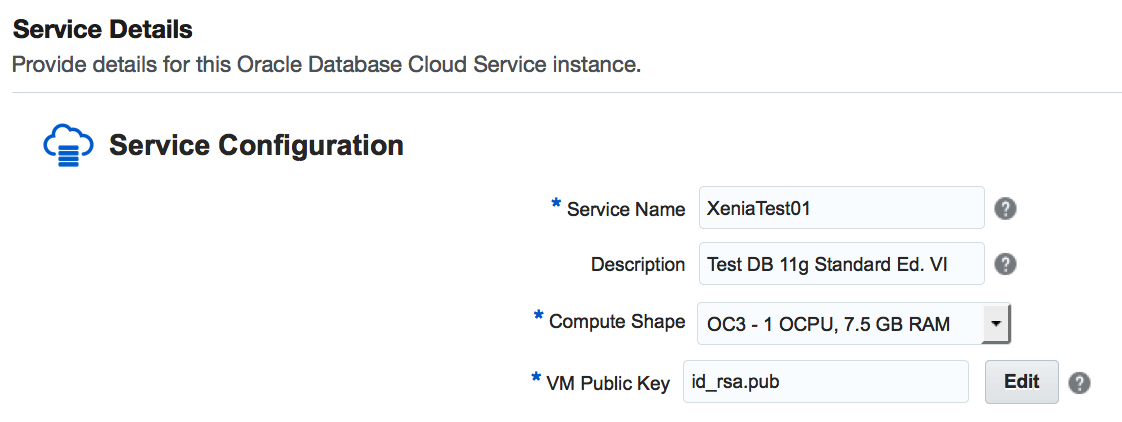 Oracle Cloud - Database Service Wizard - Service Details