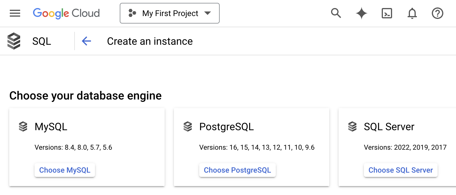 Cloud SQL - Choose Database Engine