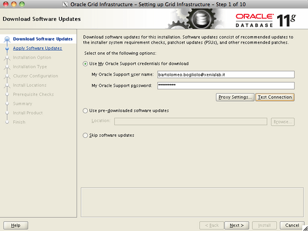 Installazione Oracle Grid 11g R2 - Support Credential