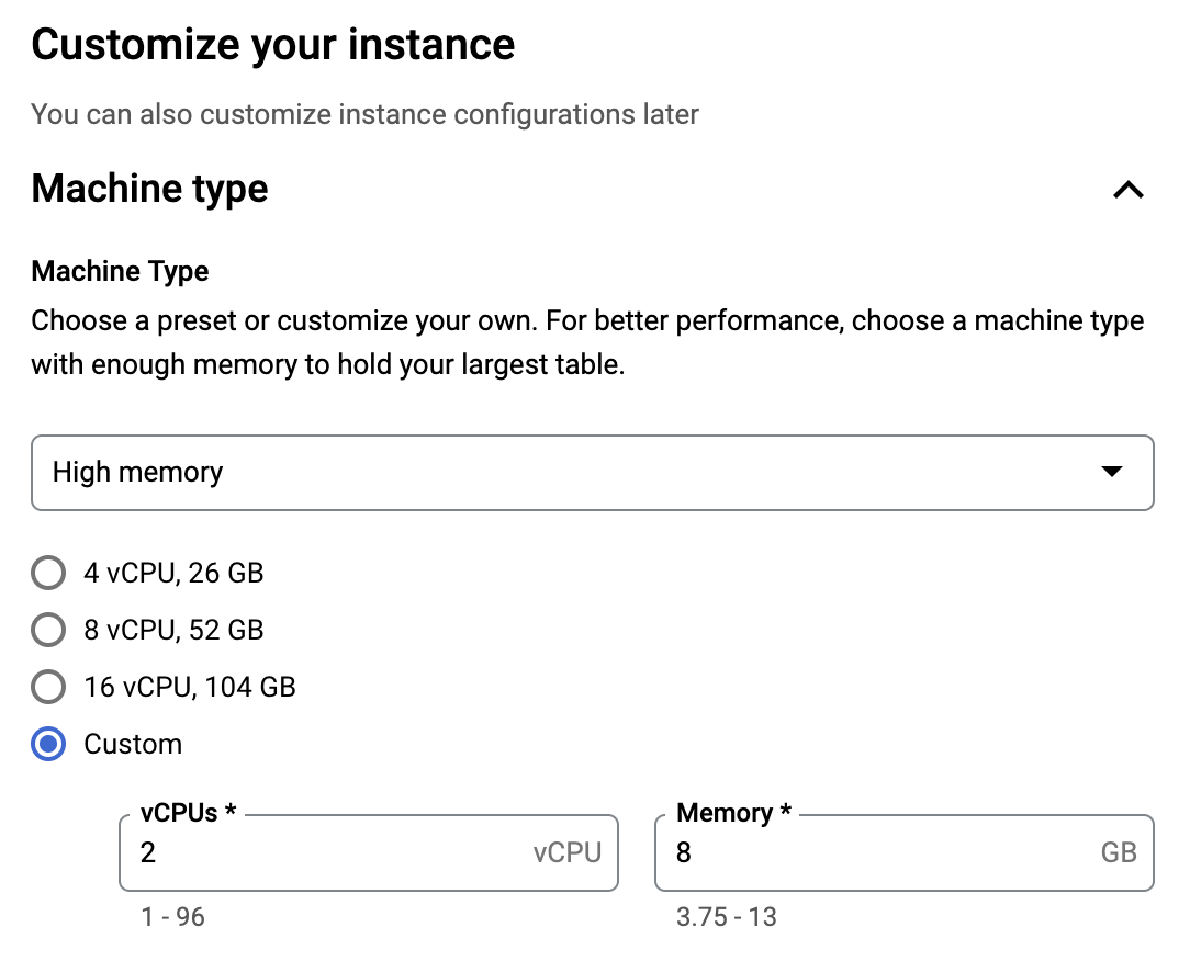 Google Cloud for SQL PostgreSQL - Impostazioni Machine Type