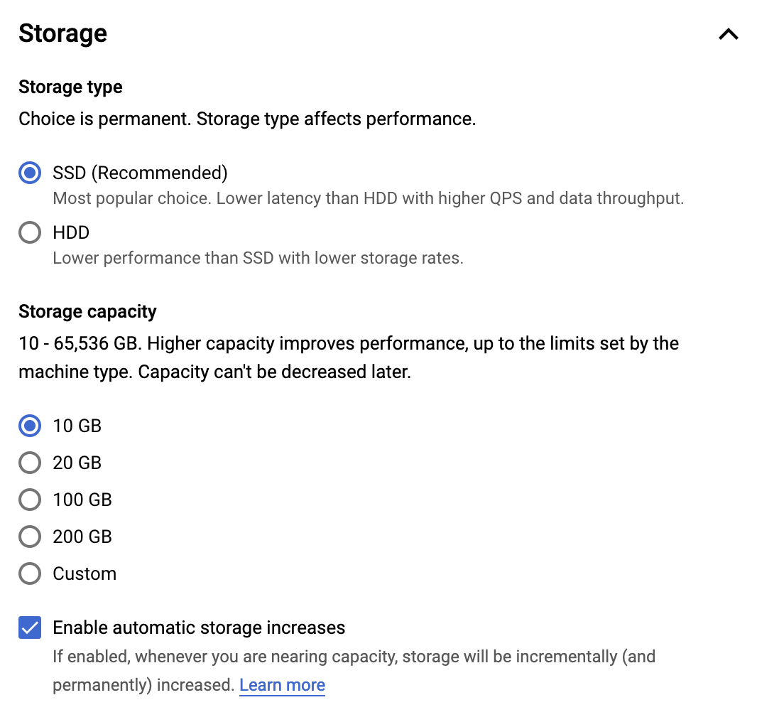 Google Cloud for SQL PostgreSQL - Impostazioni Storage