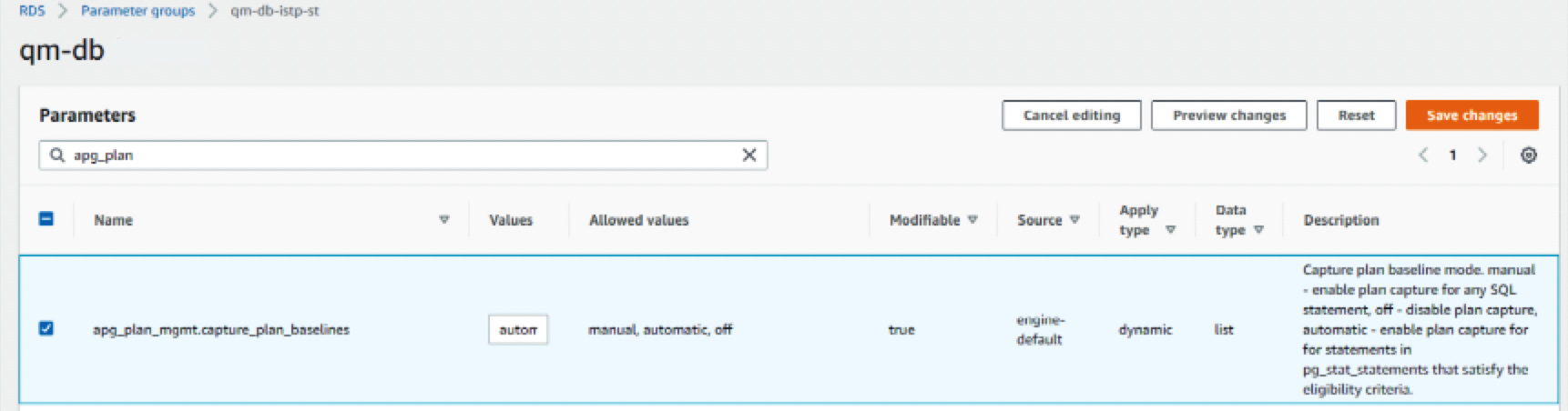 Aurora QPM - apg_plan_mgmt.capture_plan_baselines