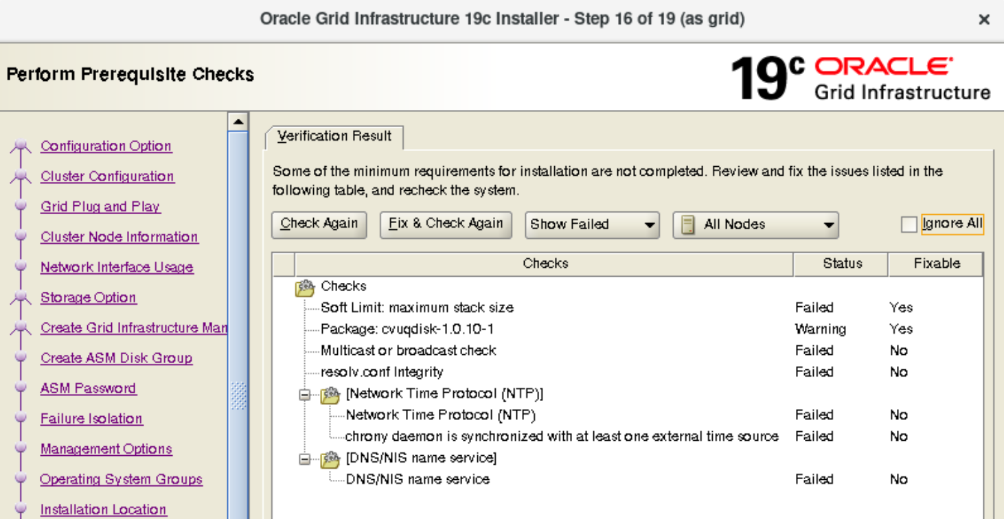 Installazione Oracle RAC 19c - Configurazione Grid: controllo prerequisiti