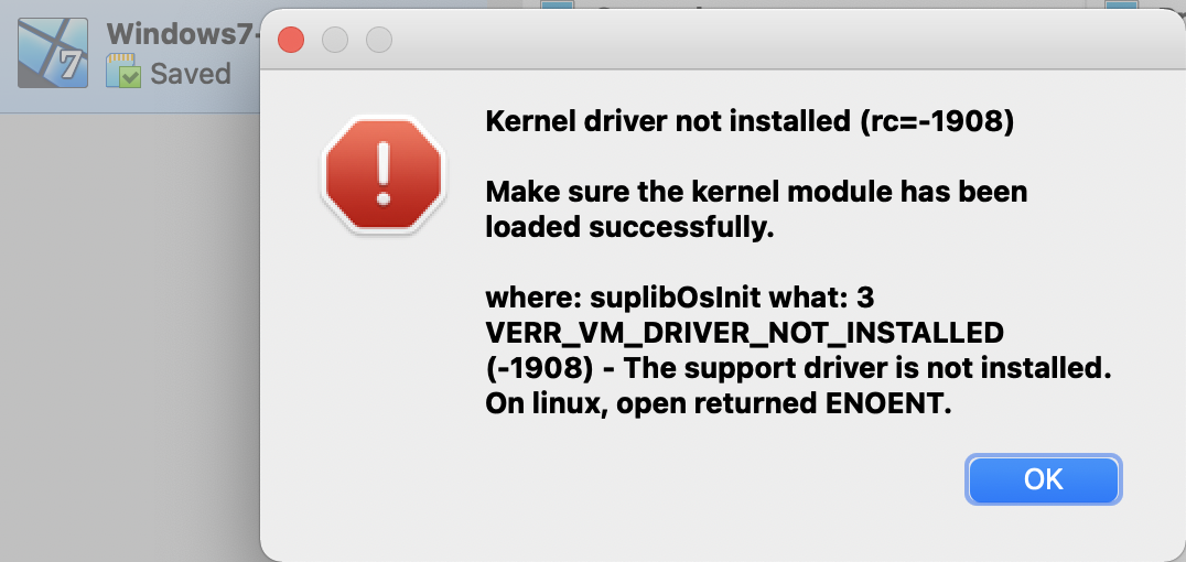 Virtual Box: VERR_VM_DRIVER_NOT_INSTALLED