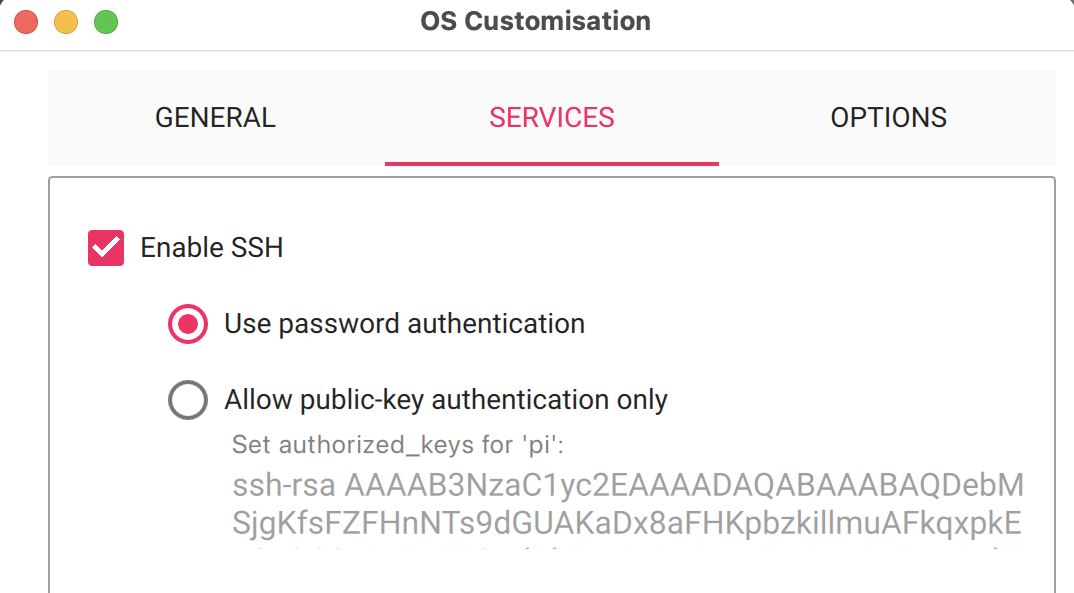 Raspberry Imager - SSH Settings
