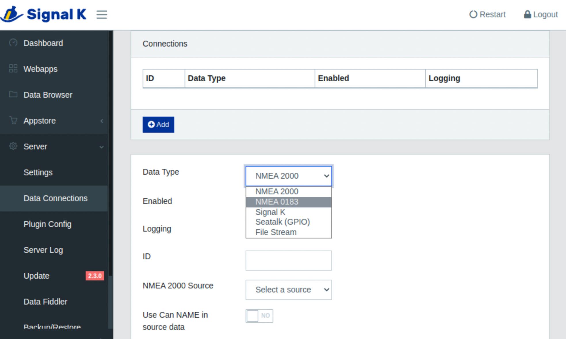 Configurazione Data Source Signal K